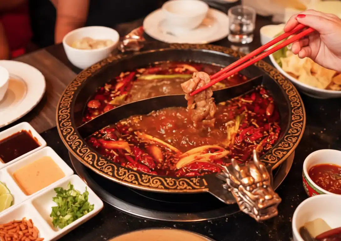 Traditional Chinese hot pot with ornate dragon pot, dual broths, and communal dining condiments