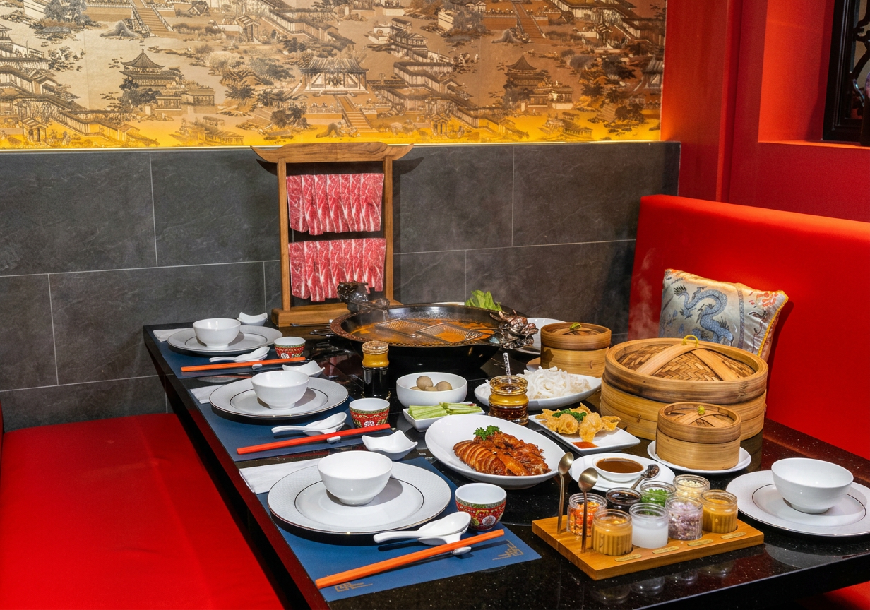 Chinese hot pot restaurant table set for four, with divided broth pot, bamboo steamers, raw beef slices, condiments, and traditional décor.