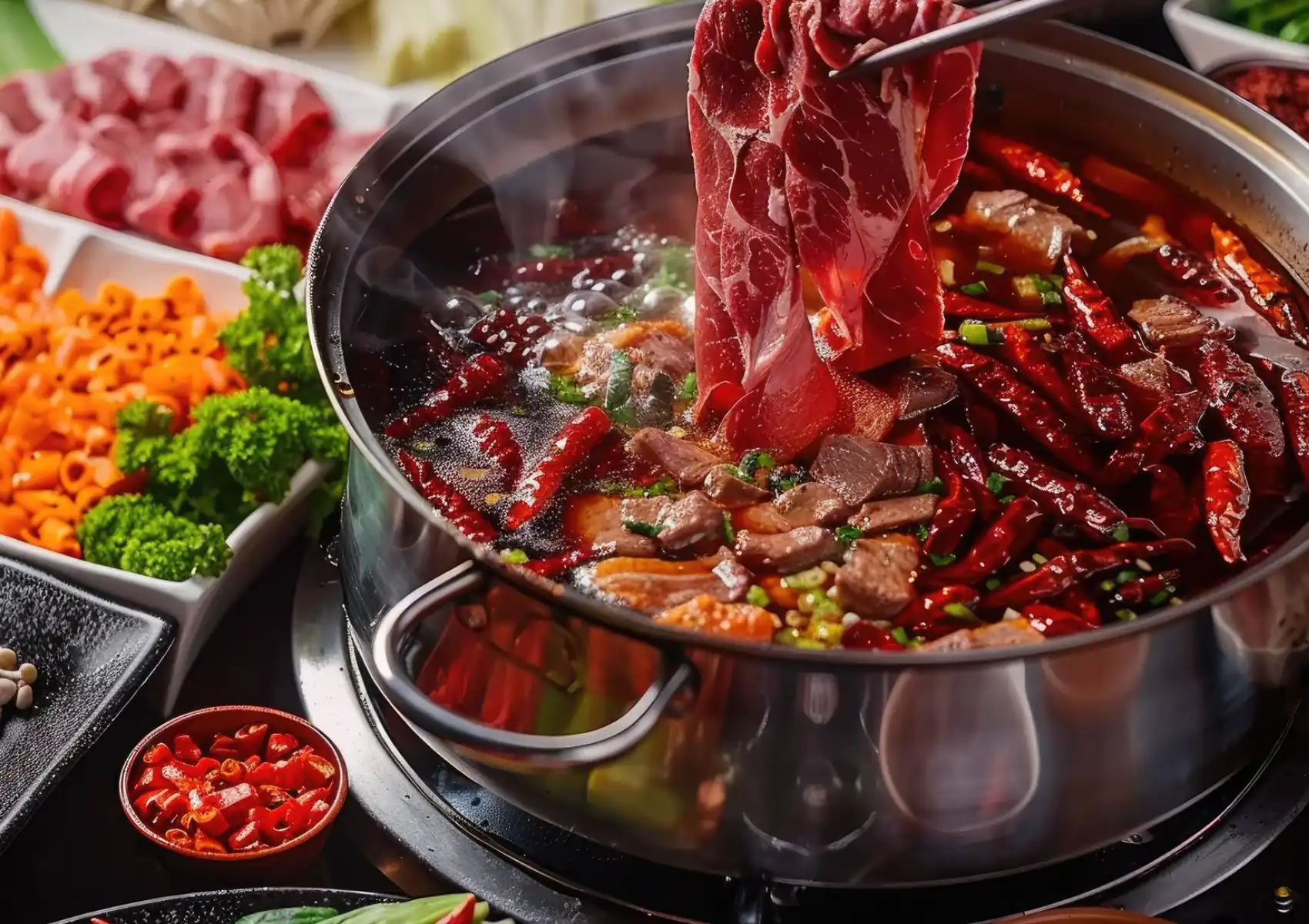 Chinese hot pot with spicy chili broth, fresh beef slices, and colorful vegetables for communal dining.