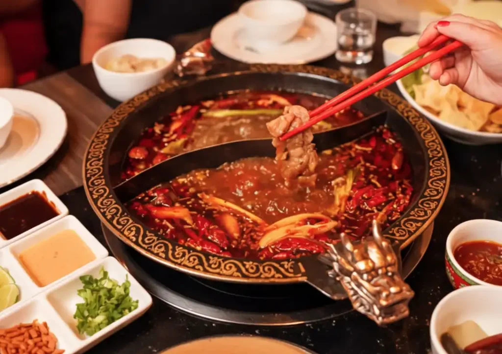 cantonese style hot pot with ornate dragon pot, spicy chili broth, mild herbal soup, and assorted condiments for communal dining.