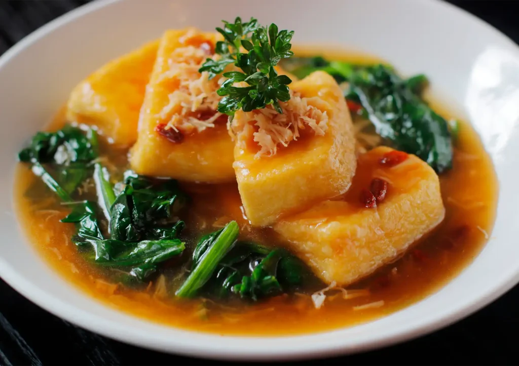A white bowl of braised tofu with leafy greens in a light savory sauce, topped with shredded ginger and parsley, at a Cantonese restaurant in Bali.