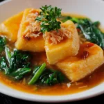 A white bowl of braised tofu with leafy greens in a light savory sauce, topped with shredded ginger and parsley, at a Cantonese restaurant in Bali.