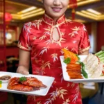 Plate of sliced Chinese roast duck with glossy lacquered skin, garnished with parsley and served with dipping sauce at a Cantonese restaurant in Bali.