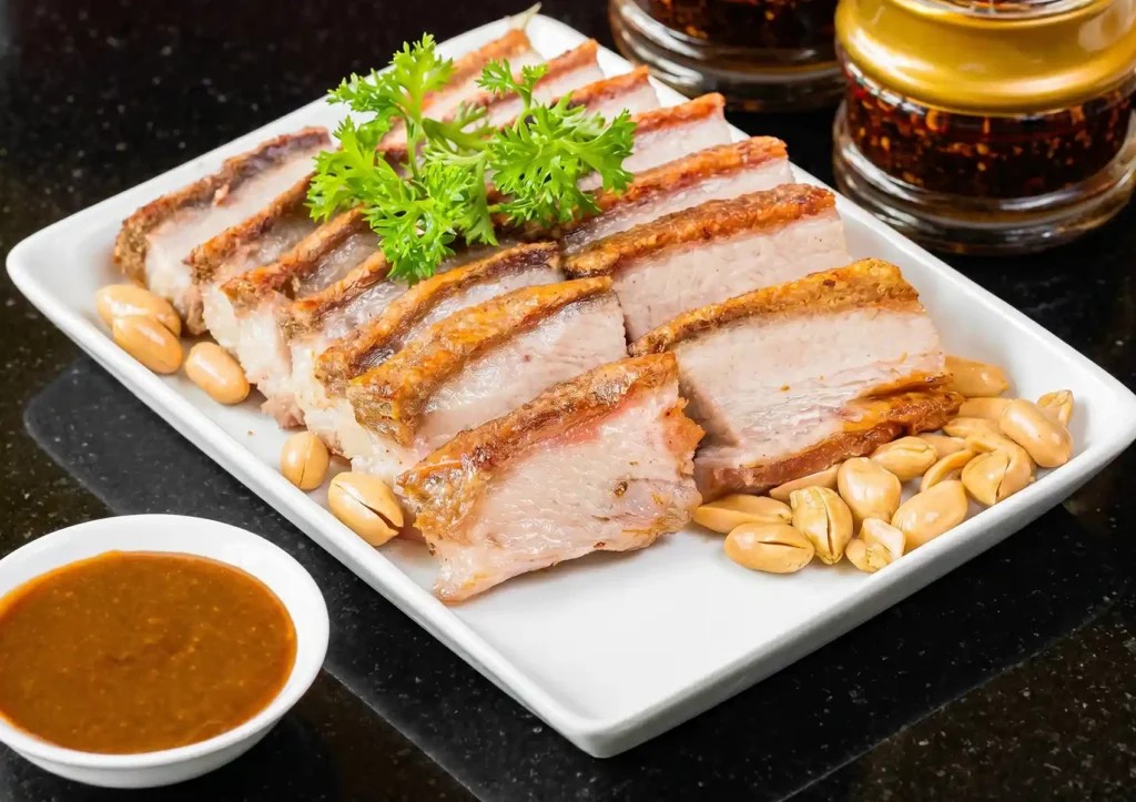A plate of sliced crispy roasted pork belly garnished with fresh parsley, served alongside roasted peanuts and a savory dipping sauce at a Cantonese restaurant in Bali.