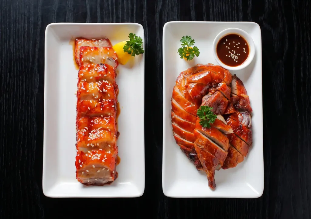 Overhead view of two white plates on a dark wooden table, one featuring sweet glazed char siew pork and the other savory sliced roast duck with dipping sauce, offering a classic Cantonese BBQ Ubud dining experience.